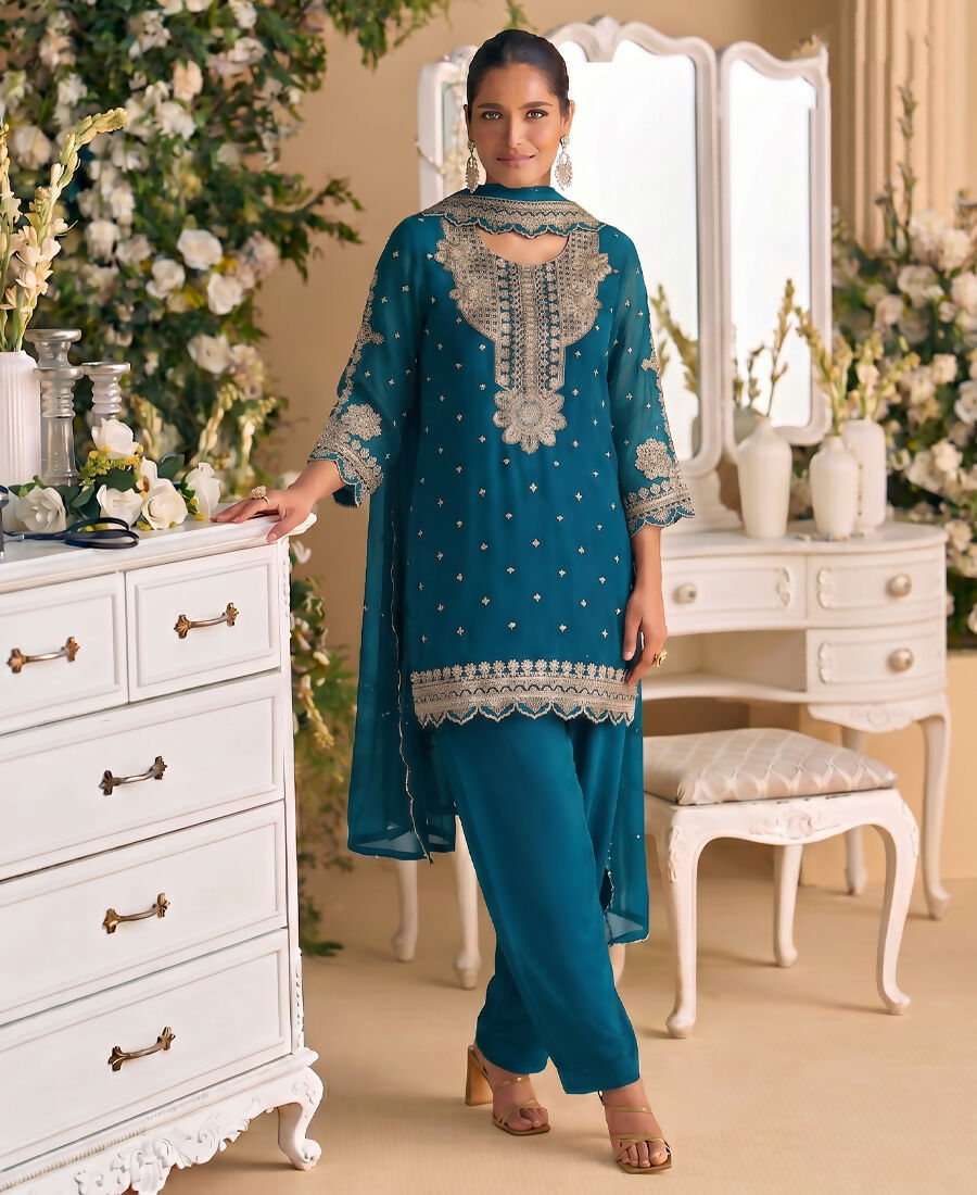 KC New Georgette Short Salwar Kameez Pakistani Style Aqua Blue - Dista