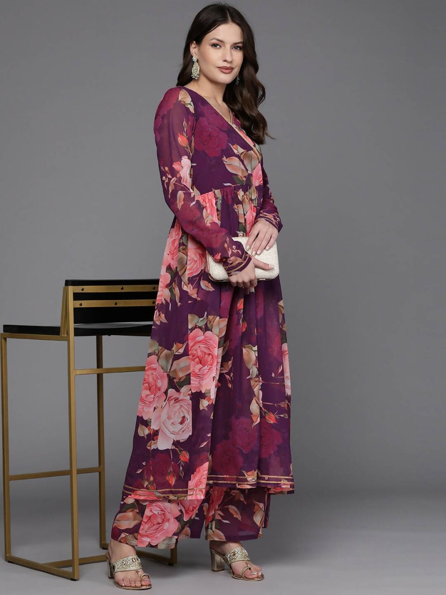 Ahalyaa Women Floral Printed Angrakha Kurta with Palazzos - Burgundy Color - Distacart