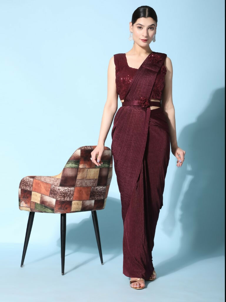Maroon Imported Crush Lycra Texture Pattern Ready to Wear Saree with stitched Blouse - Nirvana - Distacart
