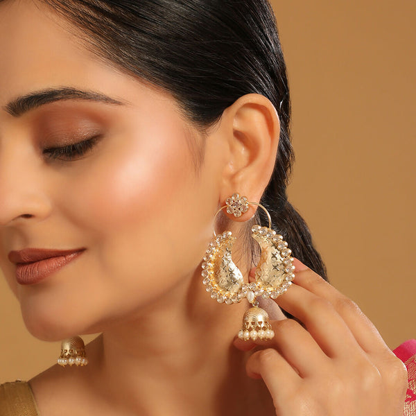 Nuyug 22K Gold Plated White Stone Studded Contemporary Mini Jhumki Dangler Earrings - Distacart