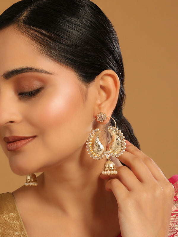 Nuyug 22K Gold Plated White Stone Studded Contemporary Mini Jhumki Dangler Earrings