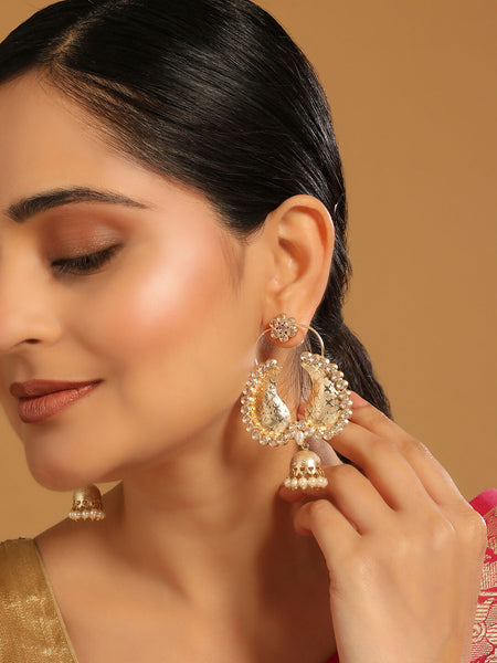 Nuyug 22K Gold Plated White Stone Studded Contemporary Mini Jhumki Dangler Earrings