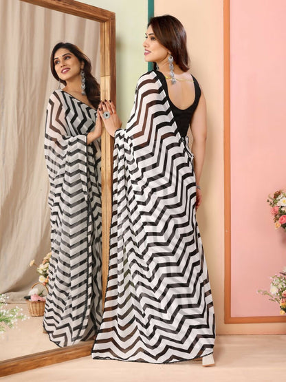 Partywear Designer Black & White Georgette Fancy Saree - Satrangi - Distacart