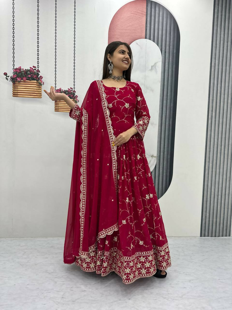 Teeya Creation Womens New Heavy Fox Georgette Fabric With Heavy Embroidery Wrok Kurta Set - Dista