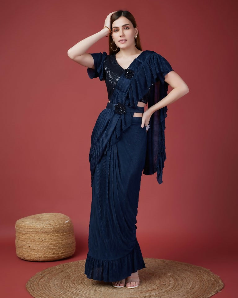 Blue Imported Crush Solid Ready to Wear Saree with stitched Blouse - Aayan - Distacart