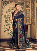 Thumbnail for Monjolika Fashion Navy Blue Silk Blend Banarasi Zari Work Classic Saree