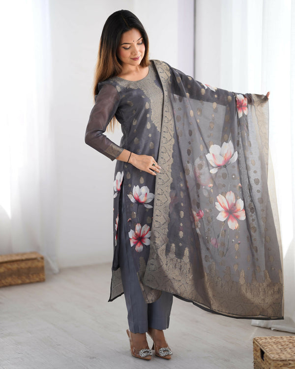 Joban Fashion grey Kurta set with Pant Chanderi Thread with Sequins work
