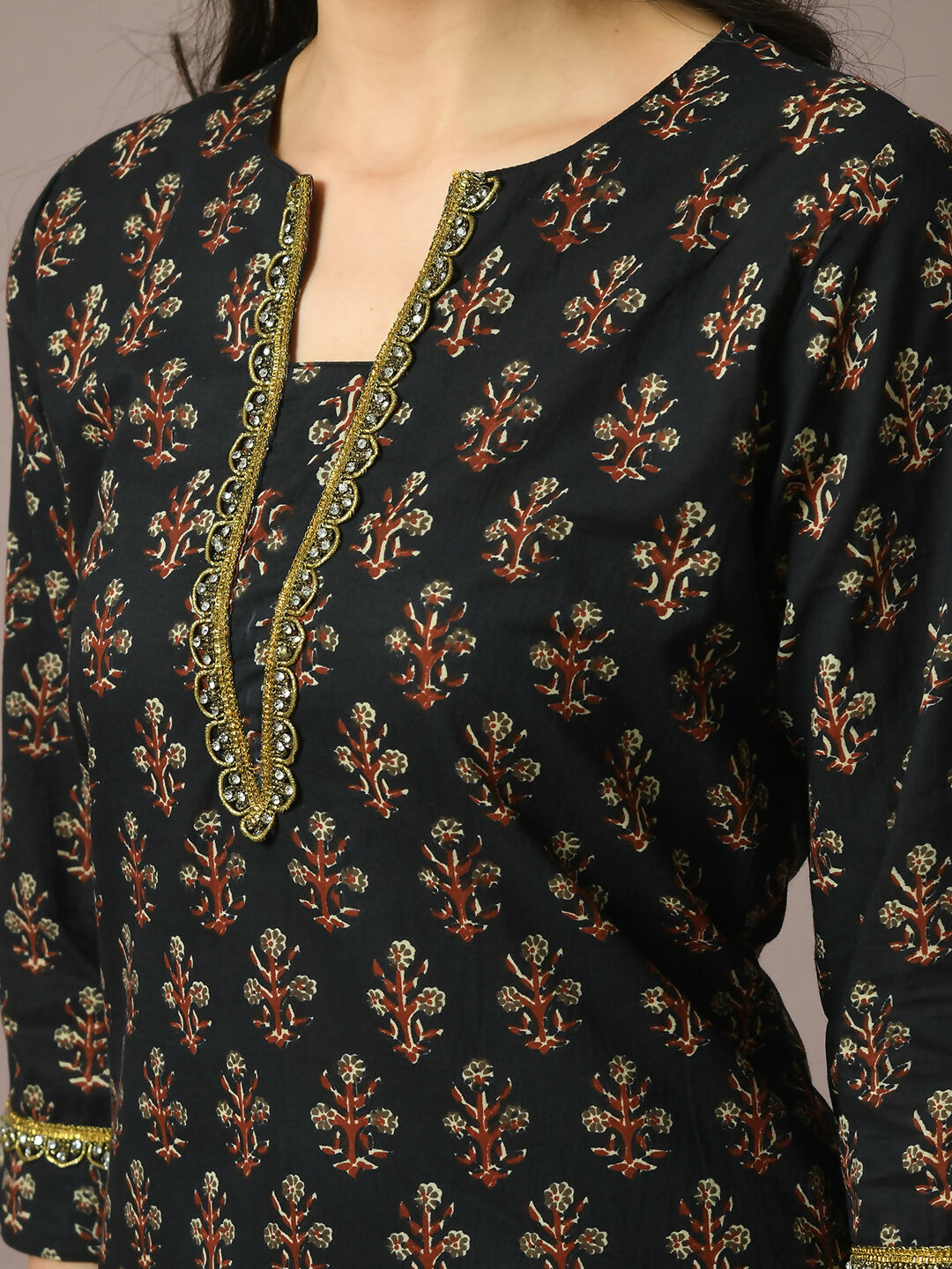 Myshka Women's Black Printed Cotton Straight Party Kurta Set With Dupatta - Distacart