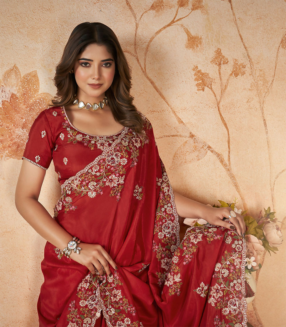 Red Upada Silk Sequence & Cord Embroidered with Stone Work Saree - Mohmanthan Dakshika - Distacart