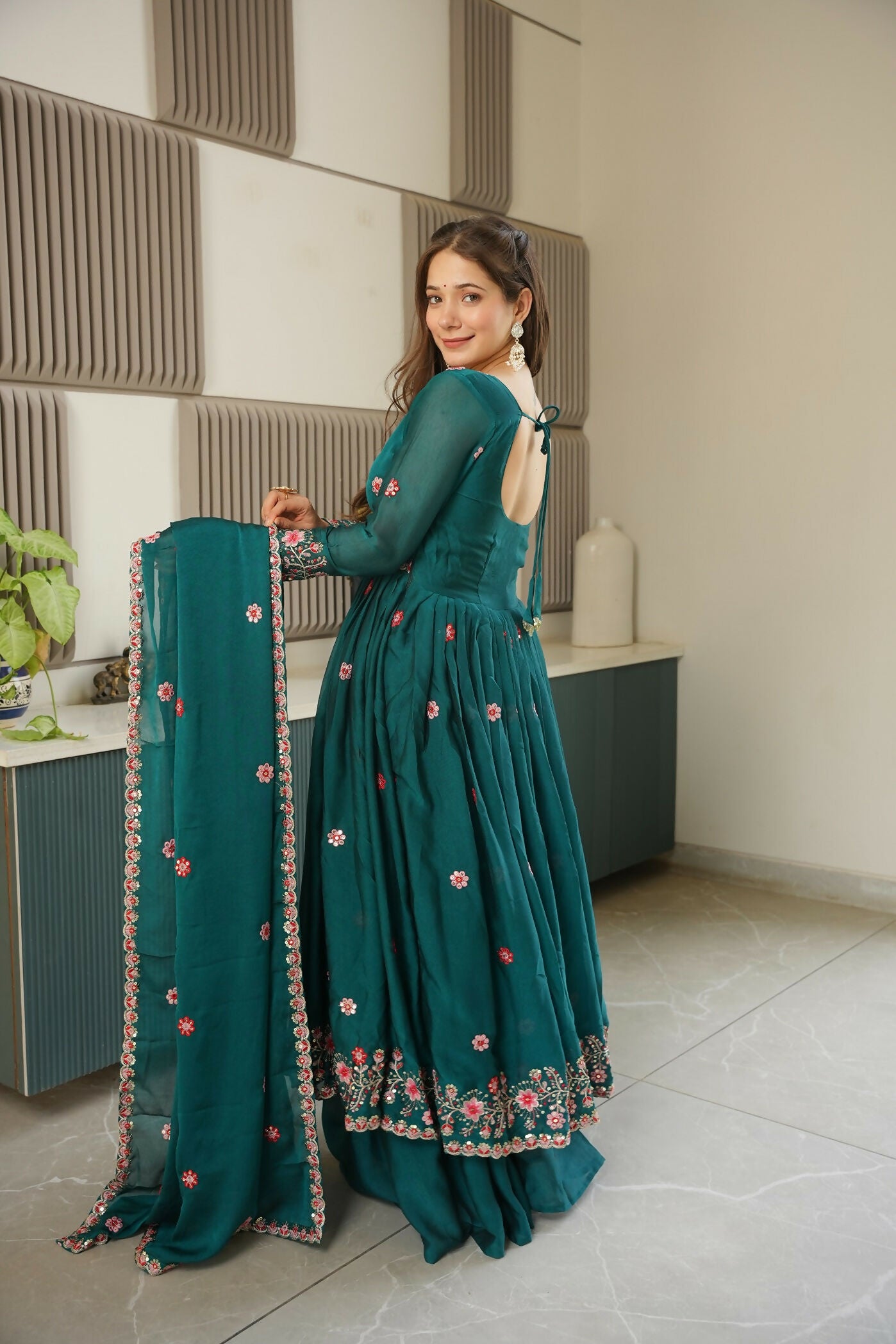 Teeya Creation Rama Color Heavy Crush Silk Wedding Wear Embroidery Work Long Gown