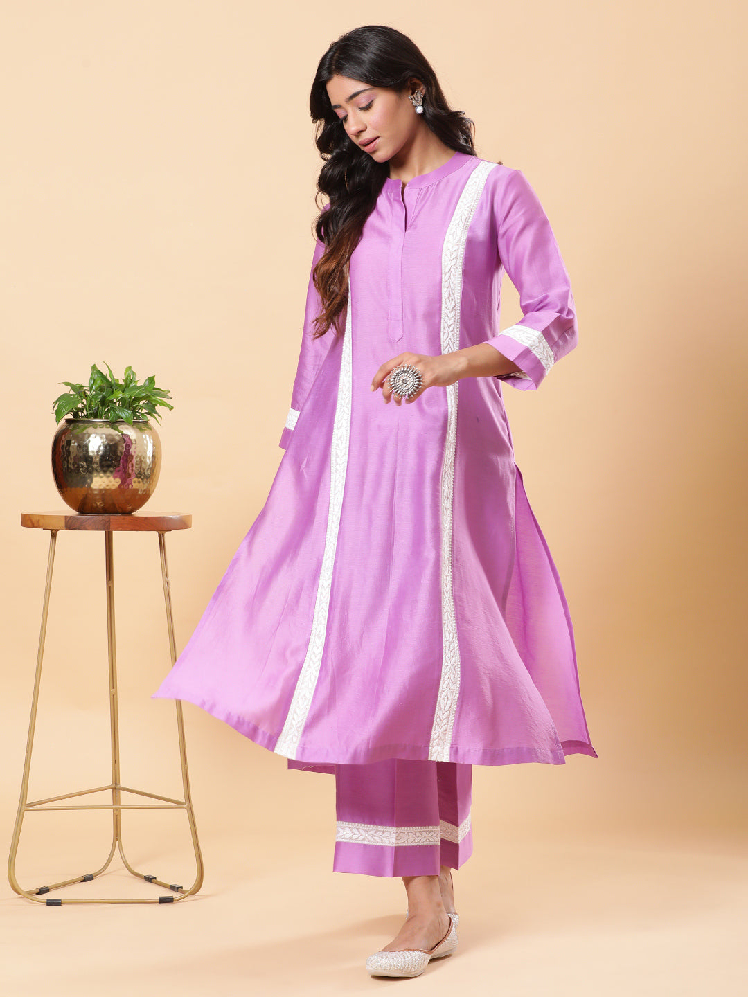 BohoJazz Lucknowi Handwork with Sequin Chanderi Kurta Pant - Purple