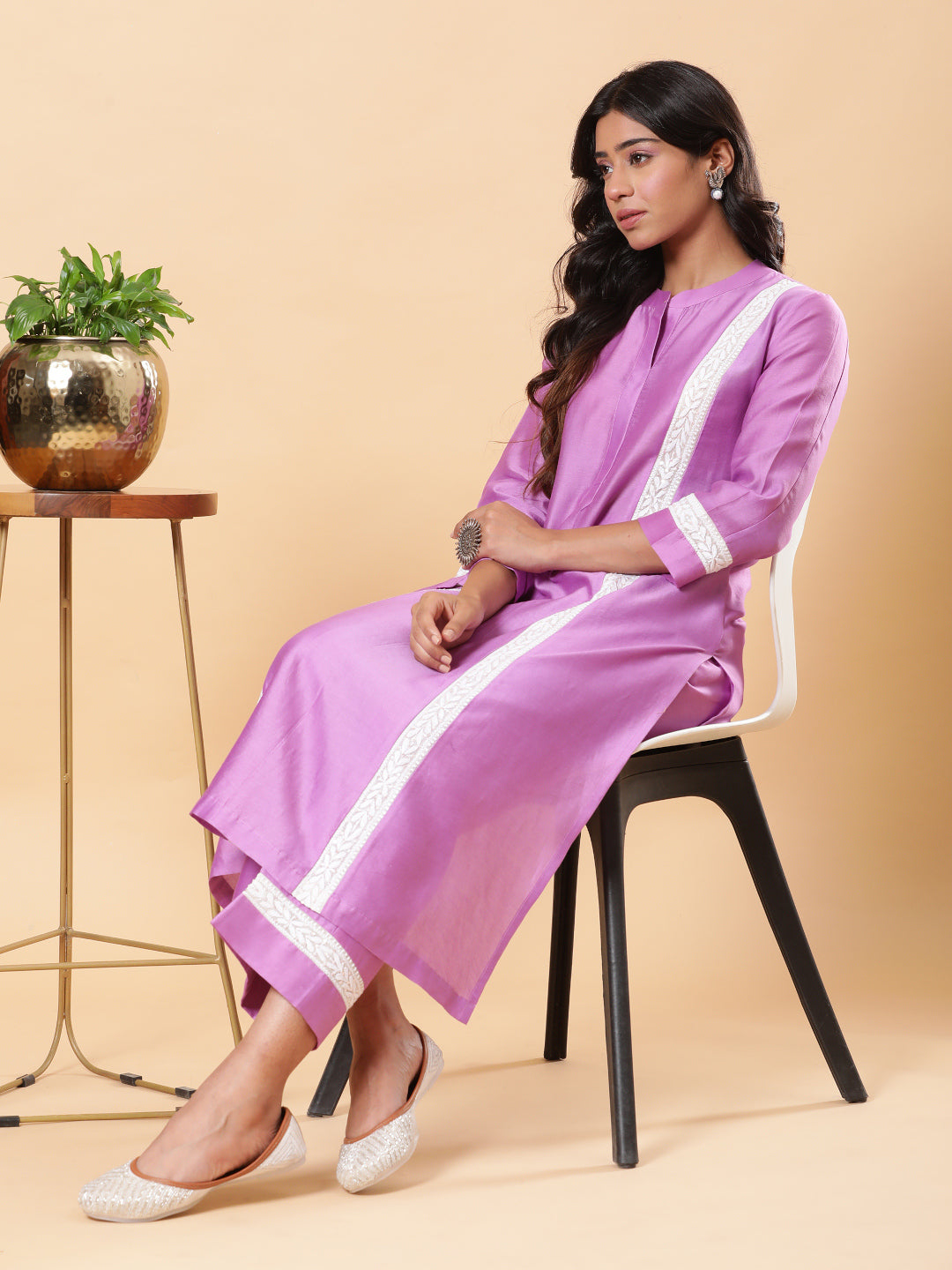 BohoJazz Lucknowi Handwork with Sequin Chanderi Kurta Pant - Purple