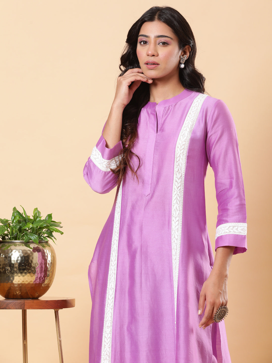 BohoJazz Lucknowi Handwork with Sequin Chanderi Kurta Pant - Purple