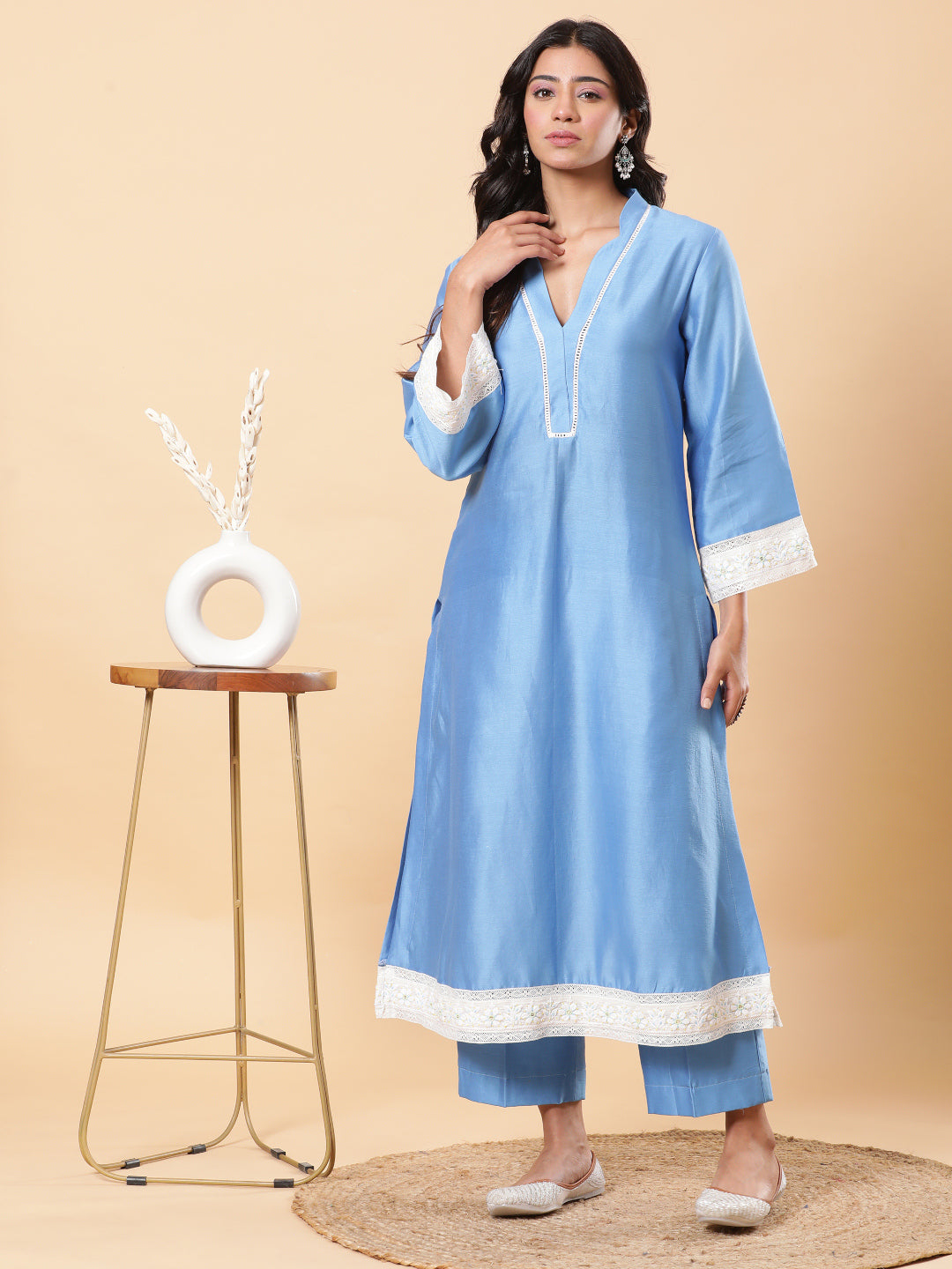 BohoJazz Lucknowi Handwork with Pearls Chanderi Kurta Pant - Blue