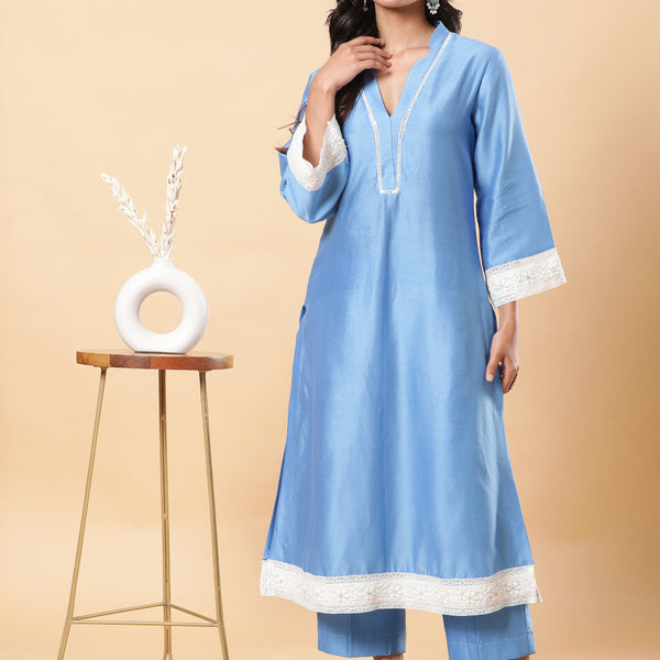 BohoJazz Lucknowi Handwork with Pearls Chanderi Kurta Pant - Blue
