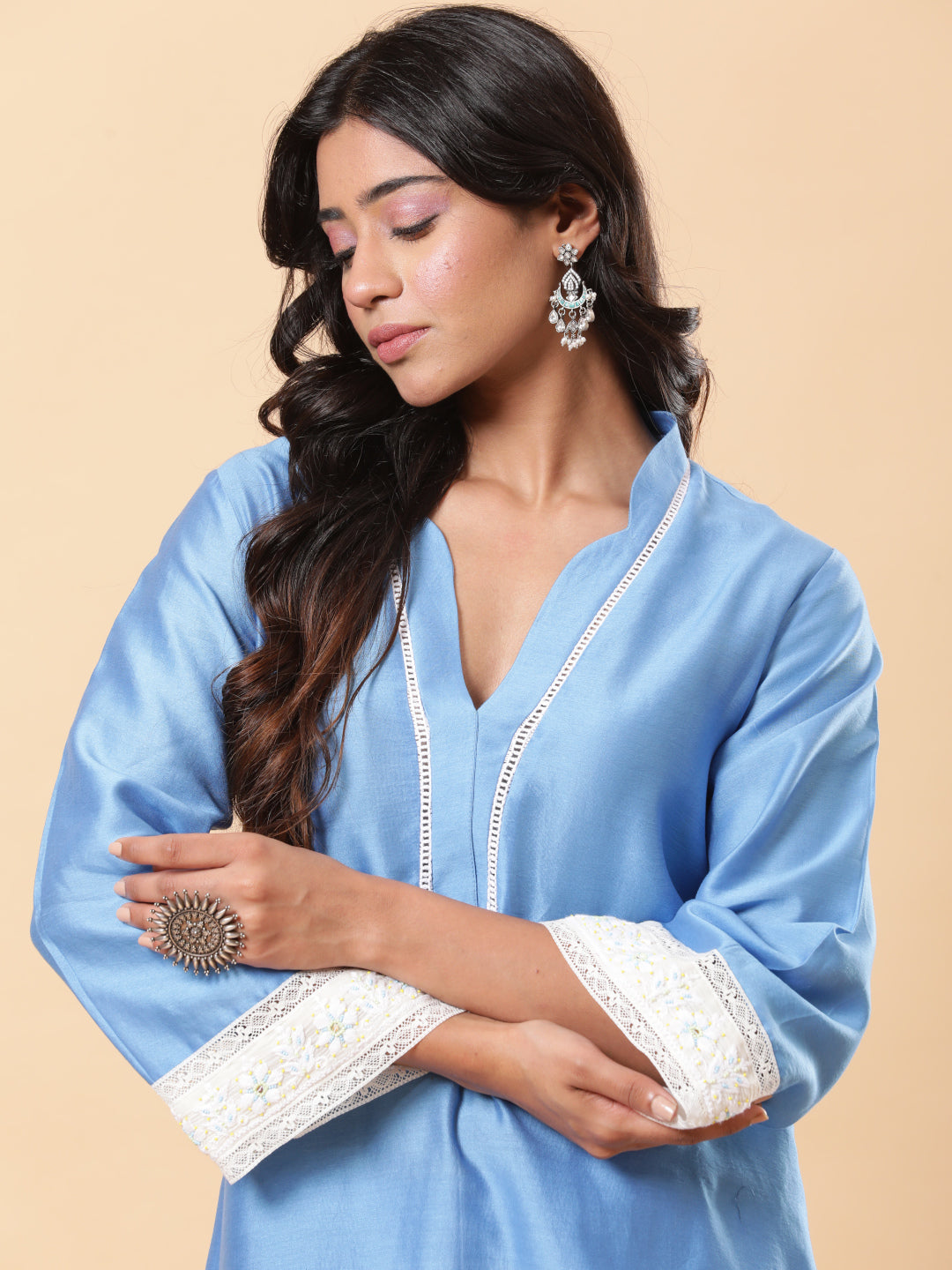 BohoJazz Lucknowi Handwork with Pearls Chanderi Kurta Pant - Blue