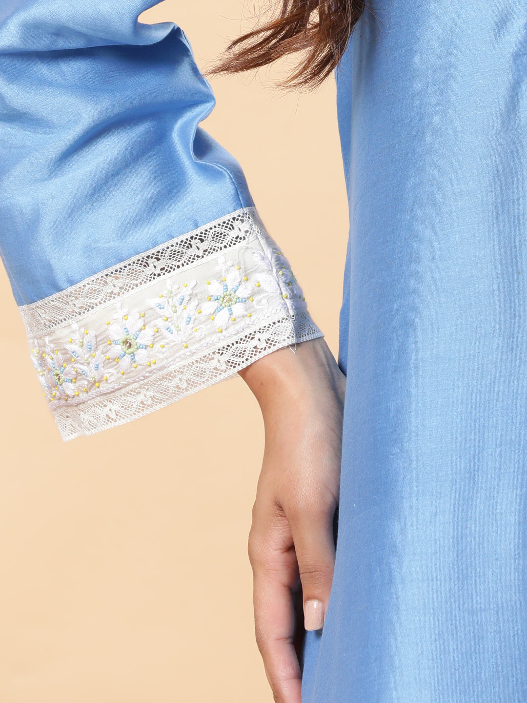 BohoJazz Lucknowi Handwork with Pearls Chanderi Kurta Pant - Blue