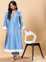 Thumbnail for BohoJazz Lucknowi Handwork with Pearls Chanderi Kurta Pant - Blue