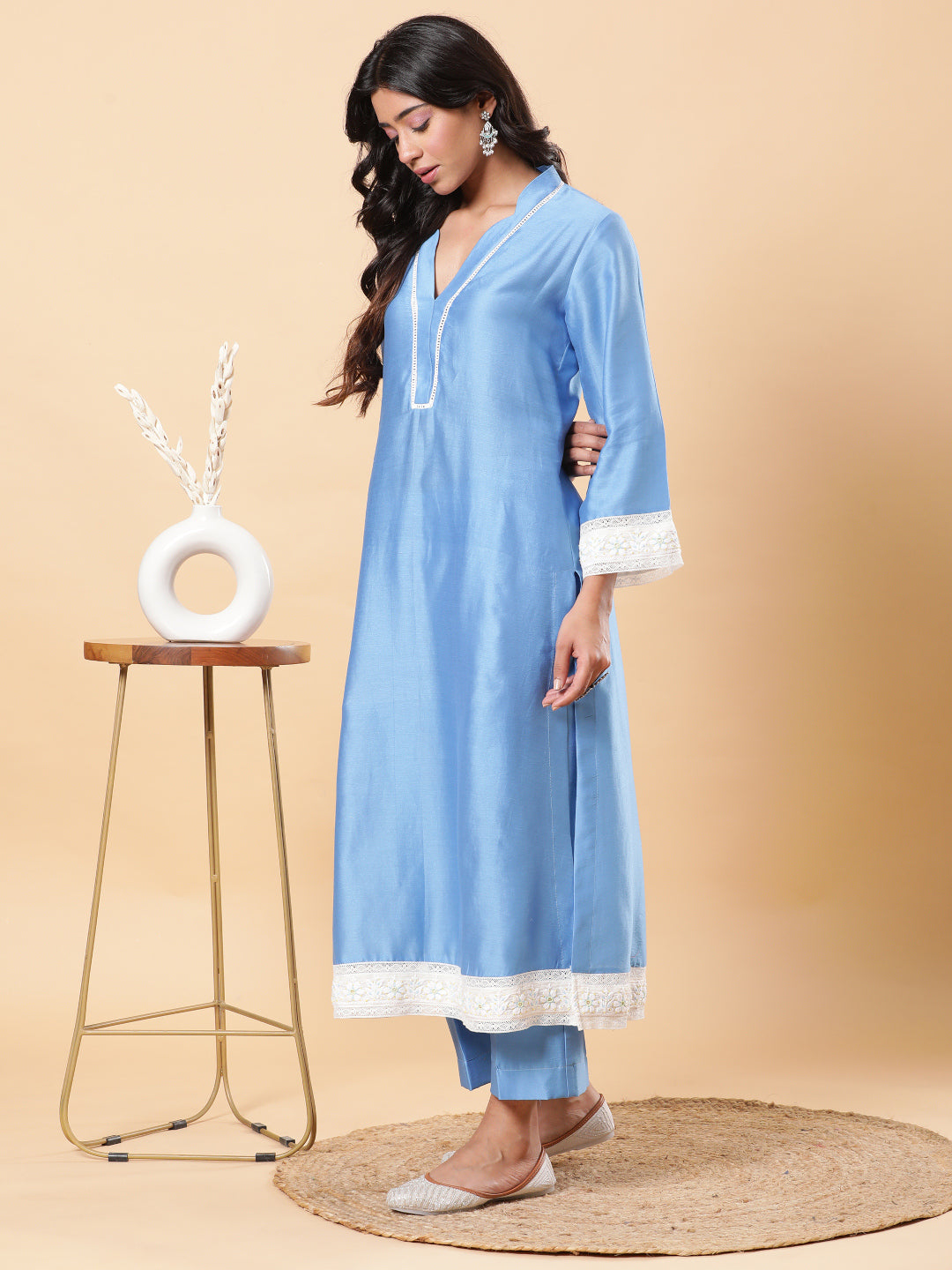 BohoJazz Lucknowi Handwork with Pearls Chanderi Kurta Pant - Blue
