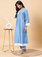 Thumbnail for BohoJazz Lucknowi Handwork with Pearls Chanderi Kurta Pant - Blue
