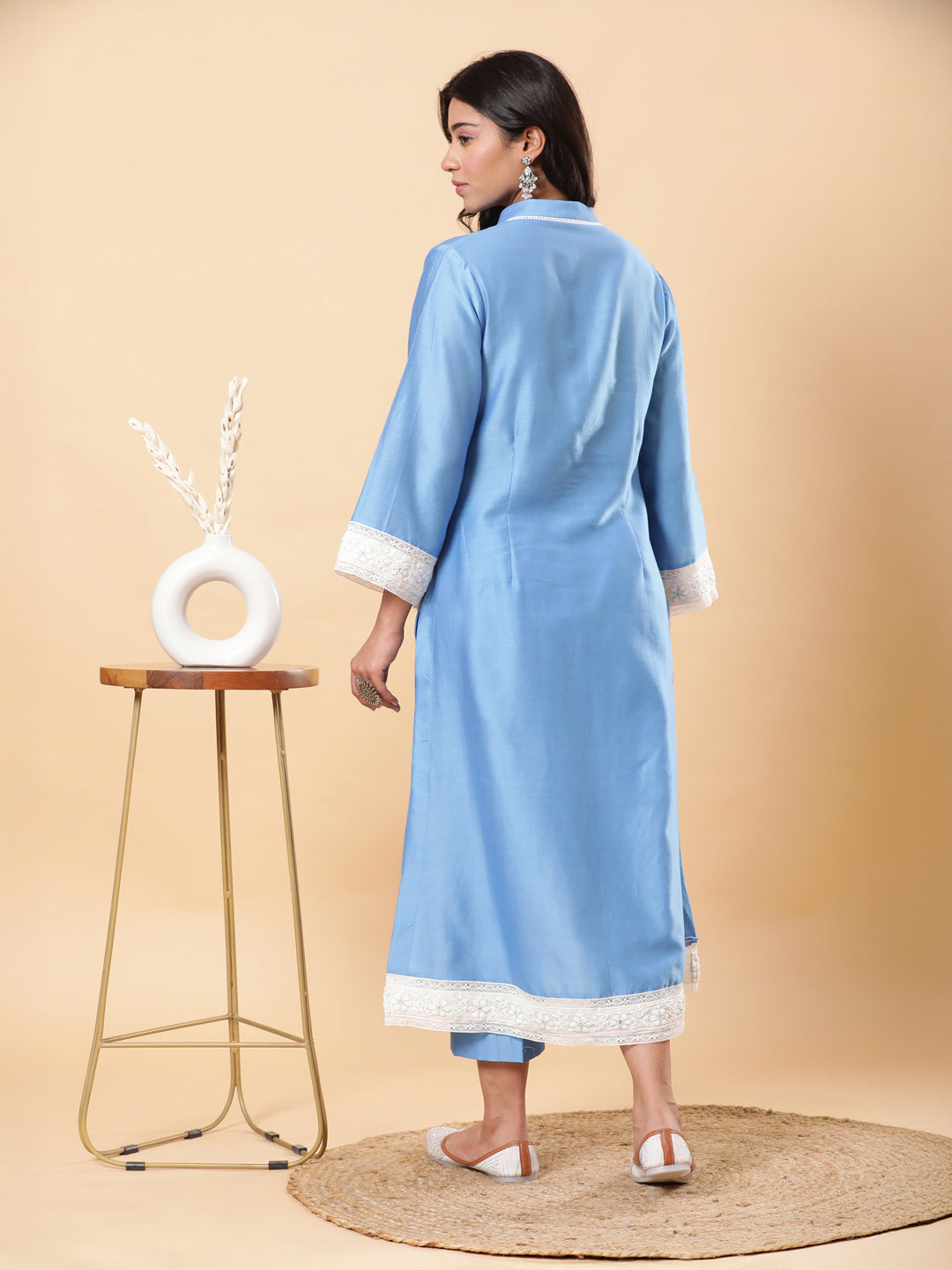 BohoJazz Lucknowi Handwork with Pearls Chanderi Kurta Pant - Blue