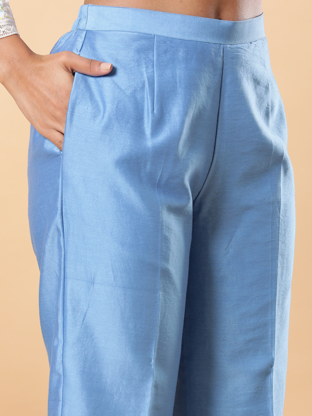 BohoJazz Lucknowi Handwork with Pearls Chanderi Kurta Pant - Blue