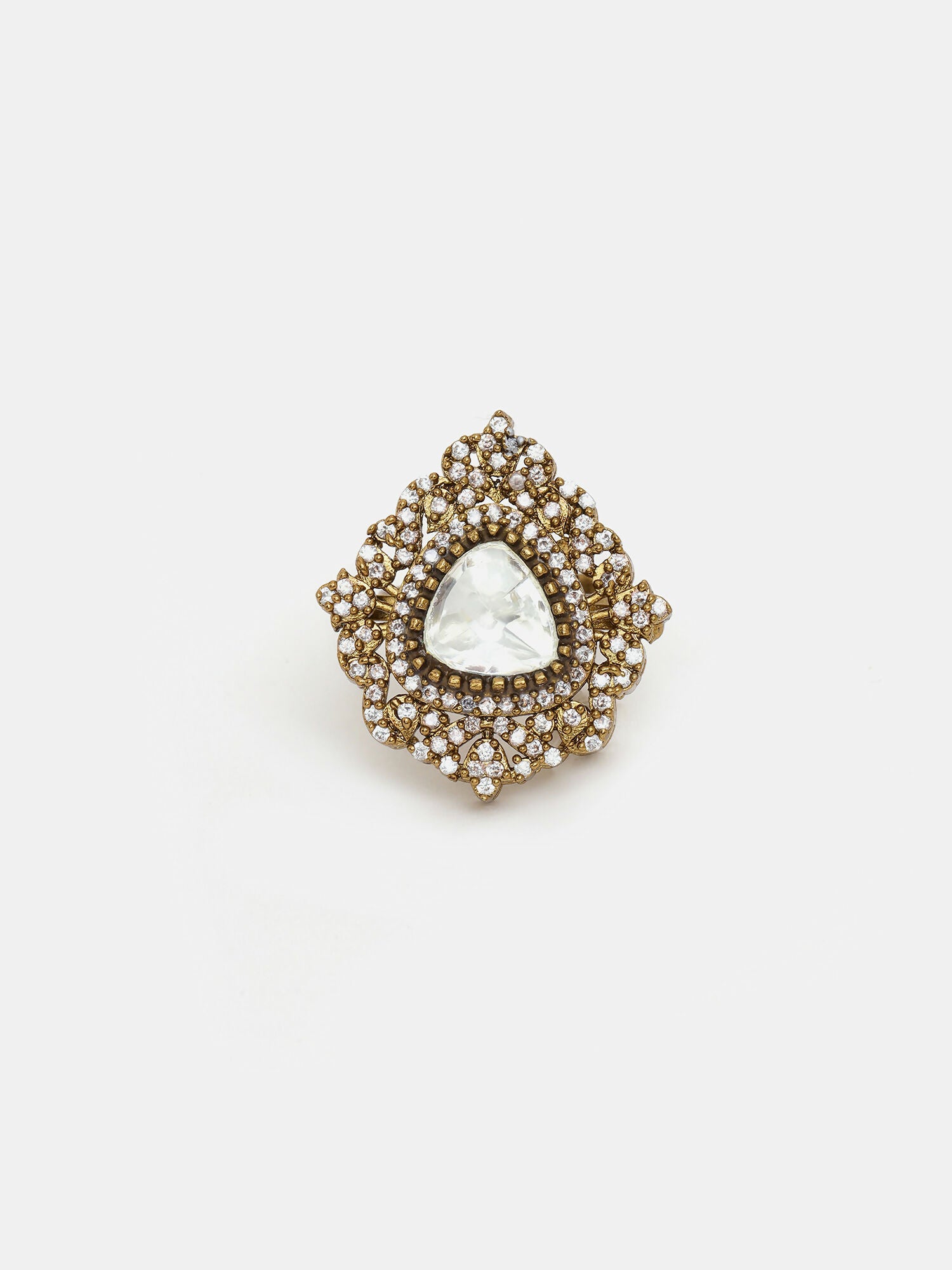 Ruby Raang Festive Gold Polished White Kundan Ring