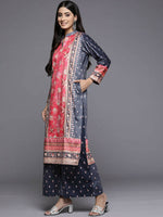 Thumbnail for Ahalyaa Women Navy Blue Ethnic Motifs Printed Gotta Patti Velvet Kurta with Palazzos - Distacart
