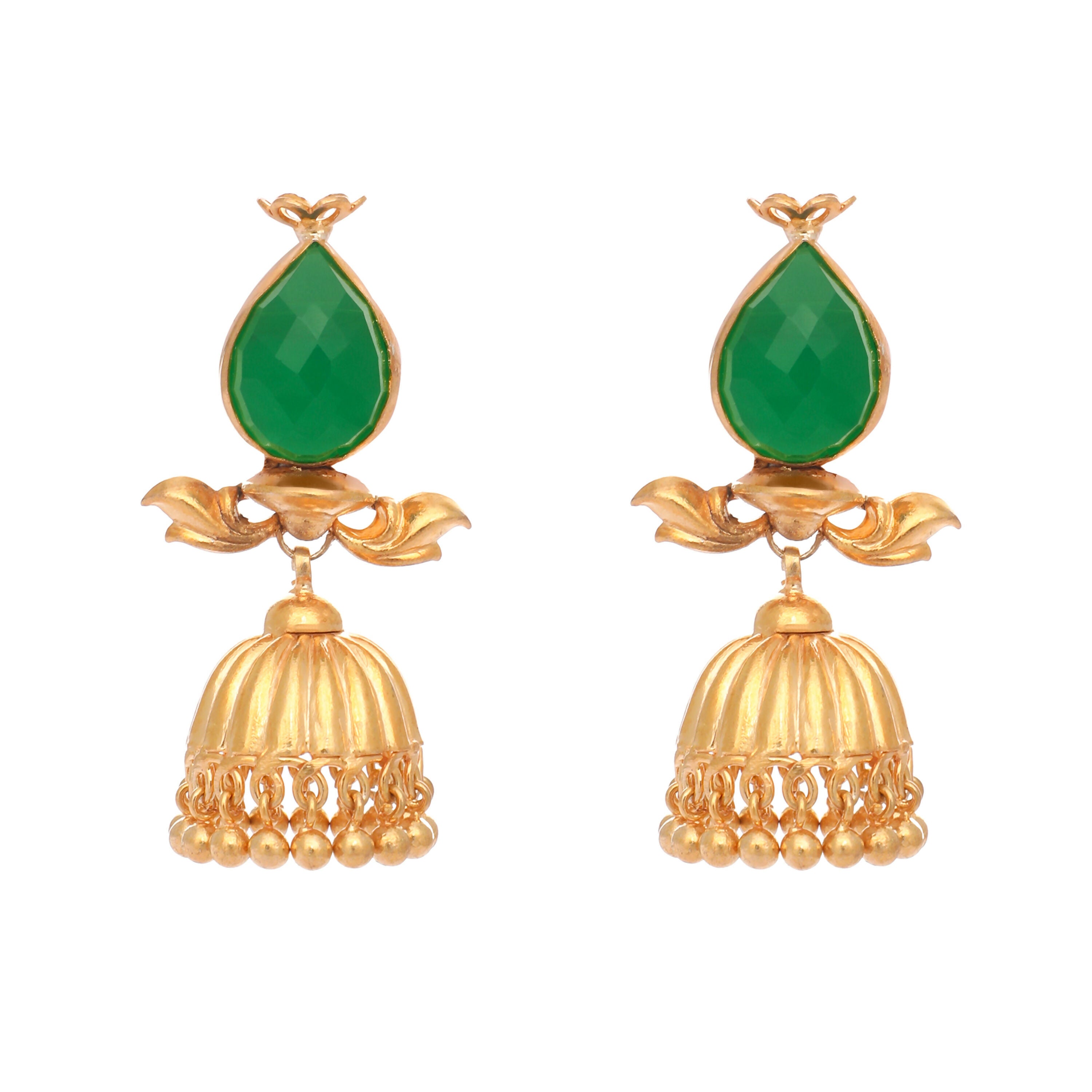 Nuyug 22K Gold Plated Emerald Stone Studded Ethnic Jhumkas