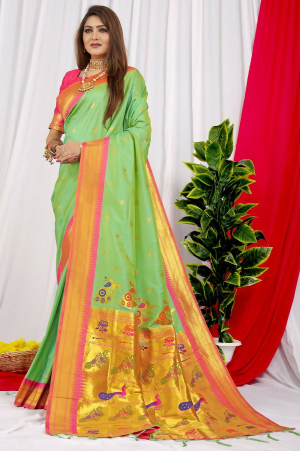 Jyoti Fashion Women's Green Paithani Silk Zari Woven Saree with Blouse - Distacart