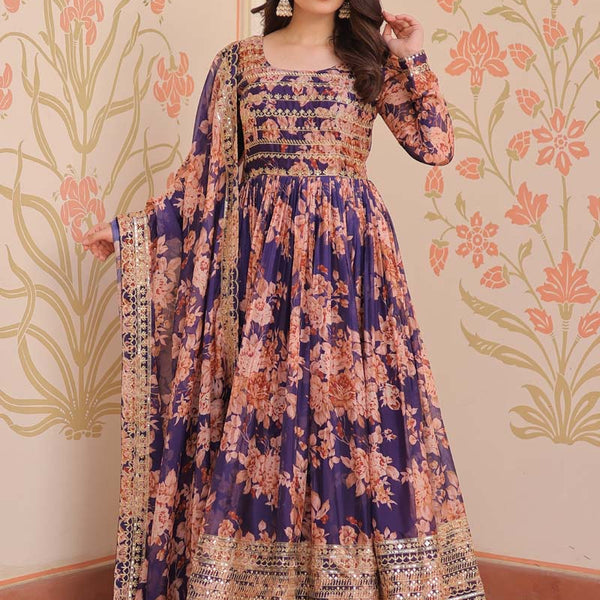 Prazu Fashion Purple Russian Silk Embroidered Gown With Dupatta - Distacart