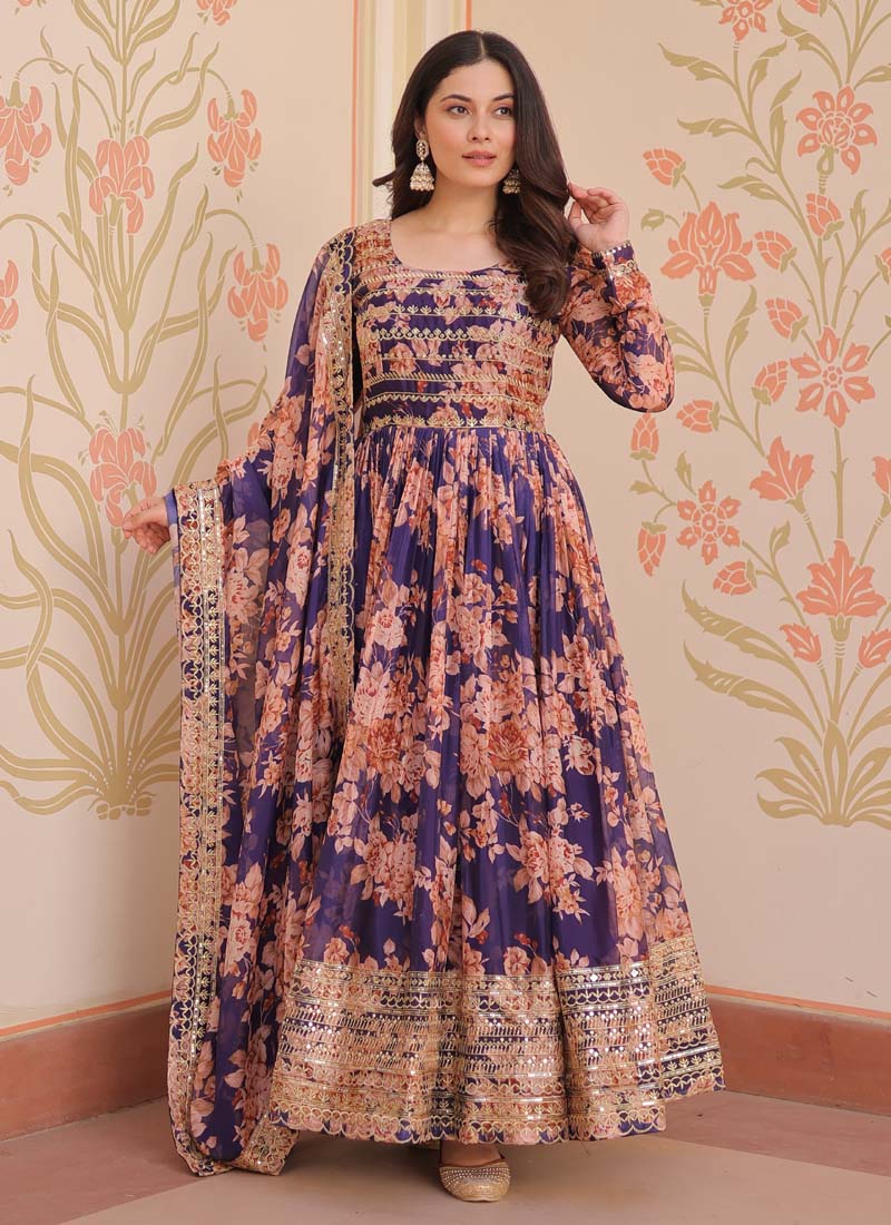 Prazu Fashion Purple Russian Silk Embroidered Gown With Dupatta - Distacart