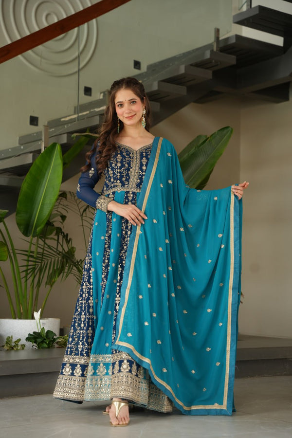 Prazu Fashion Blue Georgette With Zari & Sequins Gown