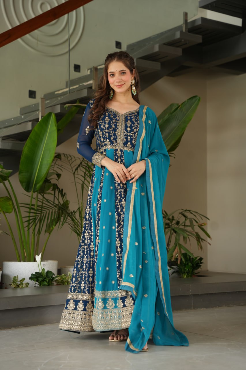 Prazu Fashion Blue Georgette With Zari & Sequins Gown - Distacart