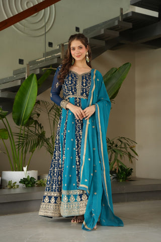 Prazu Fashion Blue Georgette With Zari & Sequins Gown