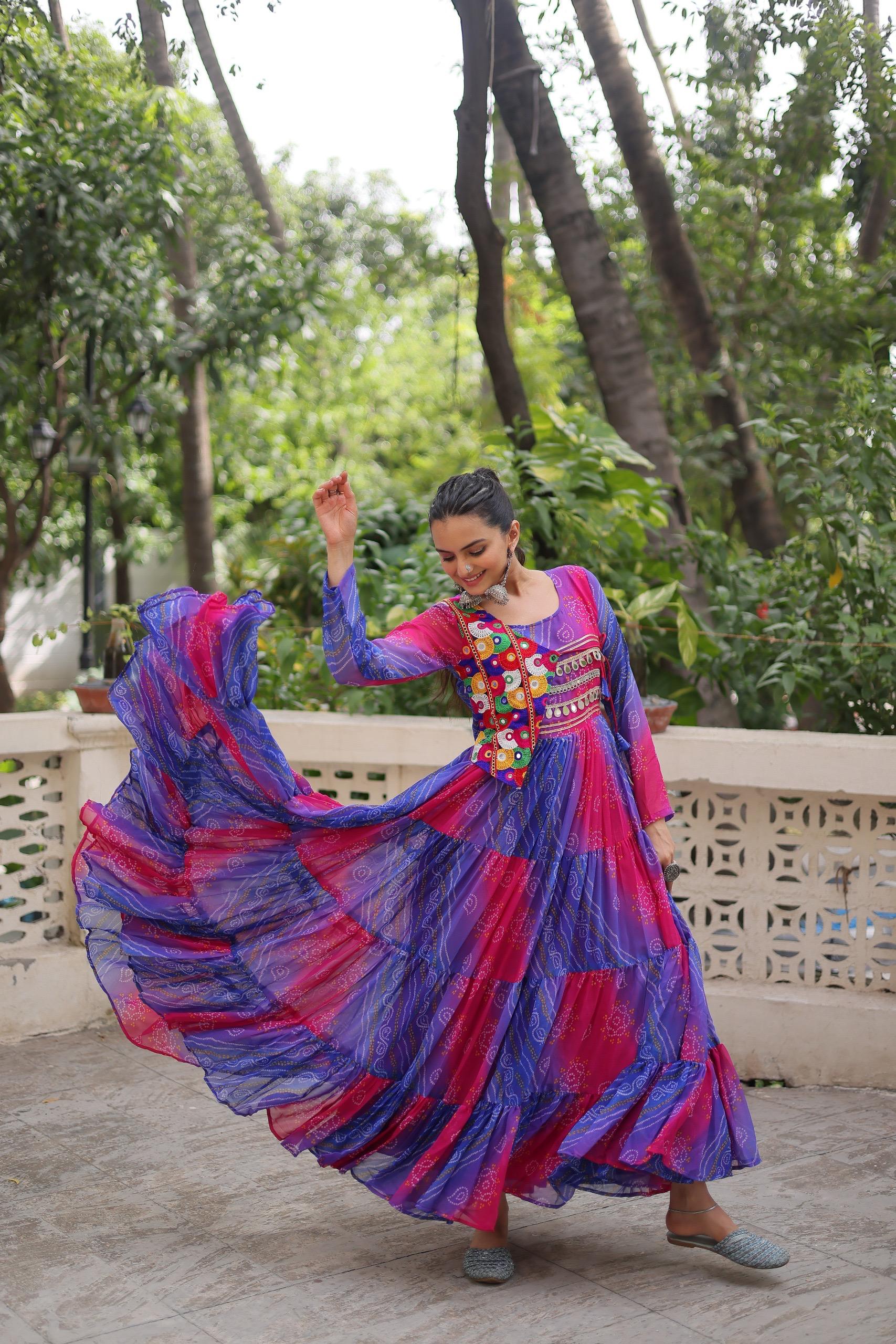 Prazu Fashion Blue Georgette Leheriya & Bandhej Print With Kutchi Work Navratri Gown - Distacart