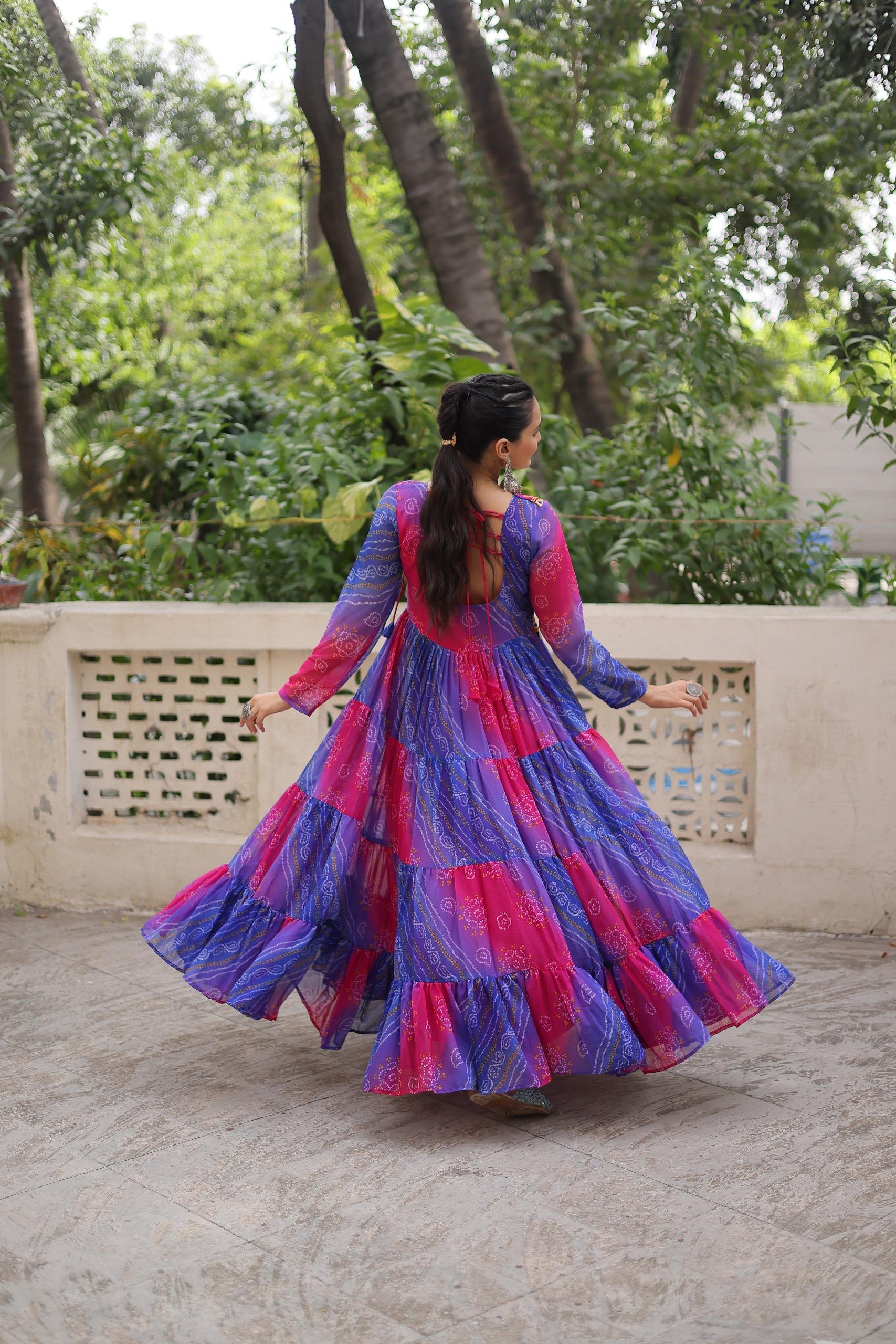 Prazu Fashion Blue Georgette Leheriya & Bandhej Print With Kutchi Work Navratri Gown