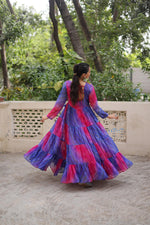 Thumbnail for Prazu Fashion Blue Georgette Leheriya & Bandhej Print With Kutchi Work Navratri Gown