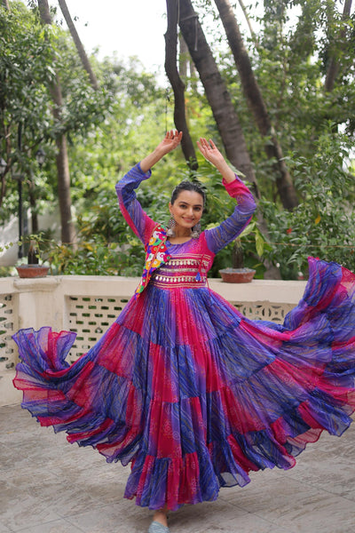Prazu Fashion Blue Georgette Leheriya & Bandhej Print With Kutchi Work Navratri Gown
