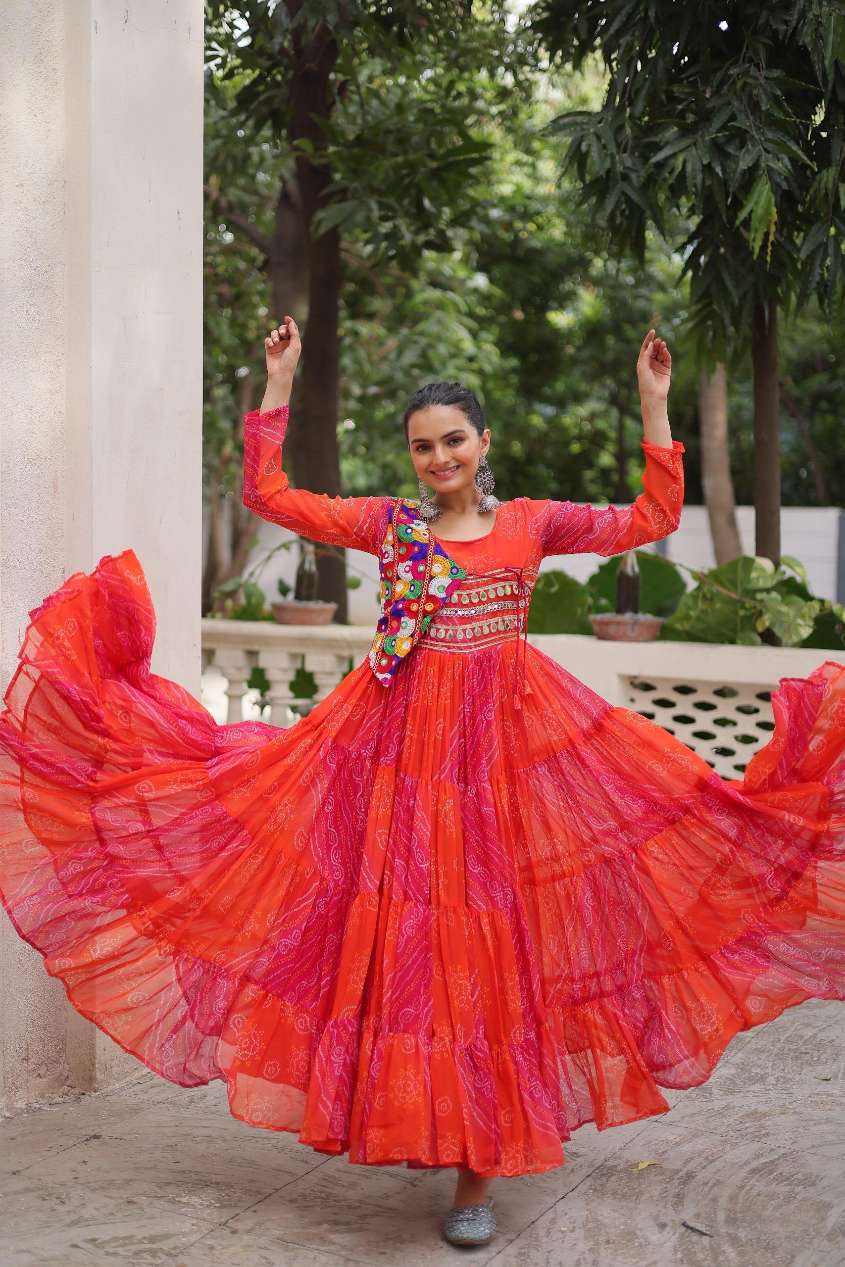 Prazu Fashion Red Georgette Leheriya & Bandhej Print With Kutchi Work Navratri Gown - Distacart