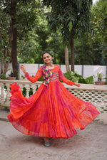 Thumbnail for Prazu Fashion Red Georgette Leheriya & Bandhej Print With Kutchi Work Navratri Gown