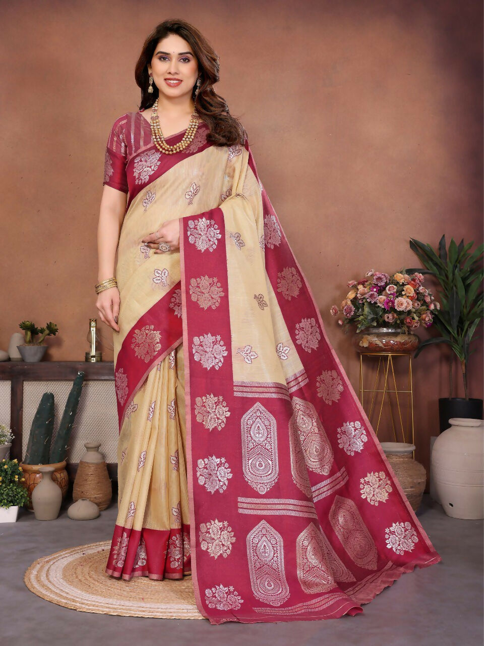 Teeya Creation New Trendy Wedding Wear Banarasi Silk Saree-Cream - Dista
