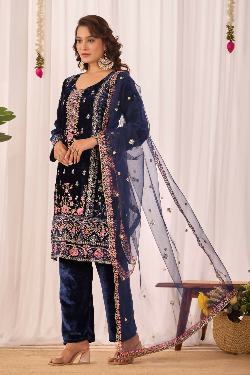 Joban Fashion Blue Velvet Embroidery Sequence Work Readymade Kurta Set - Distacart