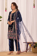 Thumbnail for Joban Fashion Blue Velvet Embroidery Sequence Work Readymade Kurta Set - Distacart