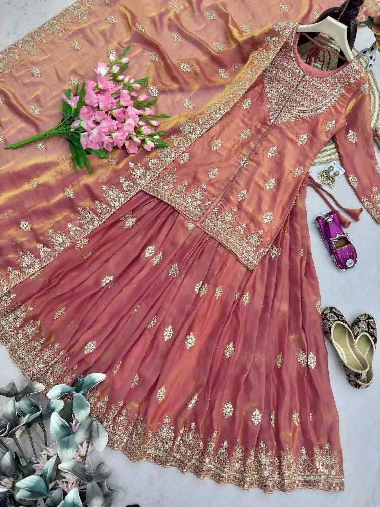 Teeya Creation Womens New Traditional Peach Heavy Work Ethnic Ensemble Lehenga Set - Dista