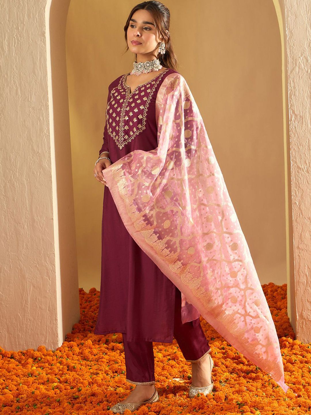 Indo Era Ethnic Motifs Yoke Design Straight Gotta Patti Liva Kurta with Trousers & Dupatta - Distacart