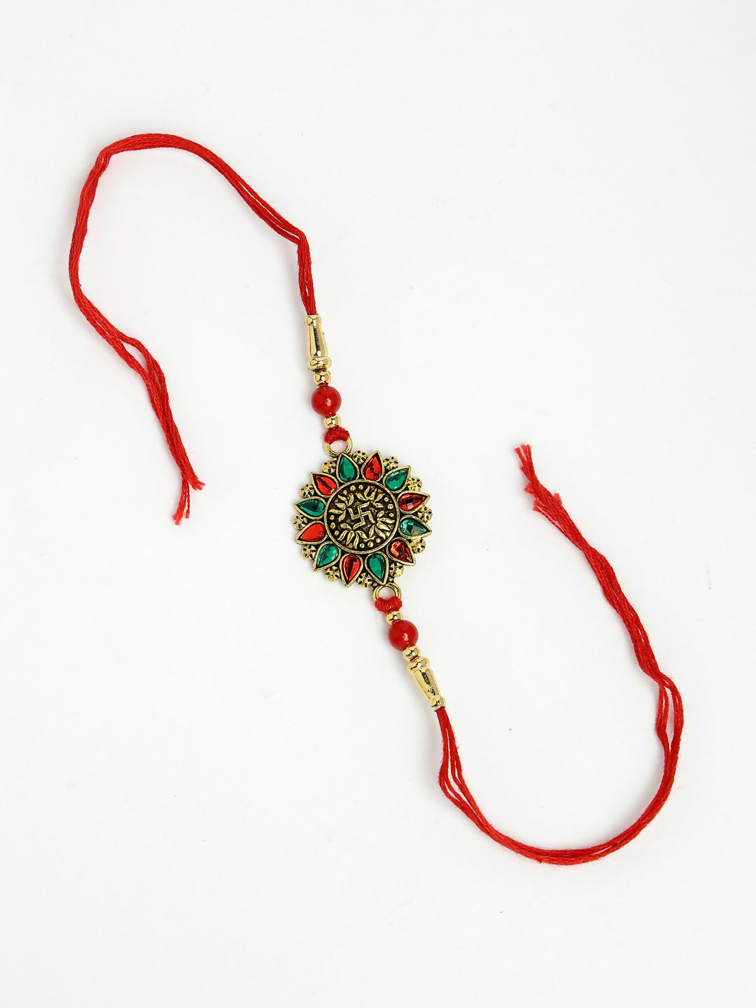 NVR Men Red & Gold-Toned Stone-Studded Rakhi With Roli Chawal - Distacart