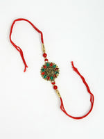 Thumbnail for NVR Men Red & Gold-Toned Stone-Studded Rakhi With Roli Chawal - Distacart