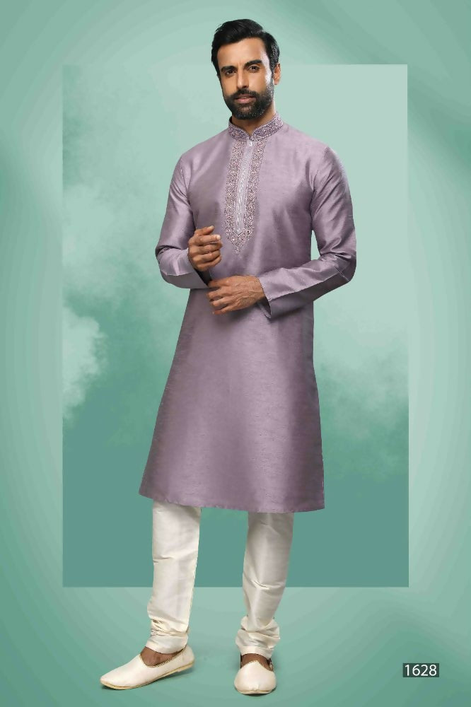Raivat Ethnic Art Silk Mirror Embroidery Work Kurta Pajama In Lavender Colour - Dista