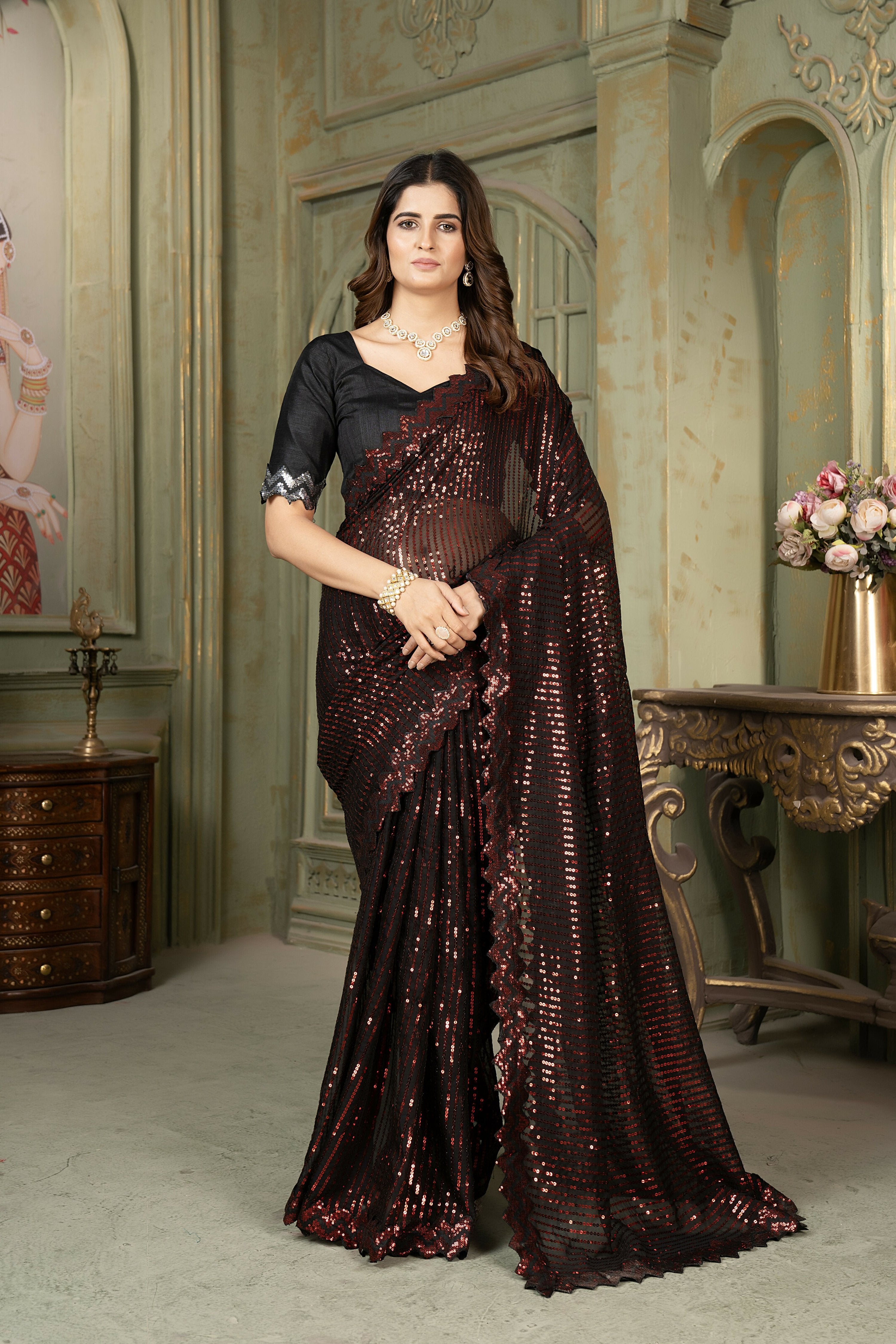 Dishitha Creation Indian Women's Designer Georgette Sequence Saree - Red - Distacart